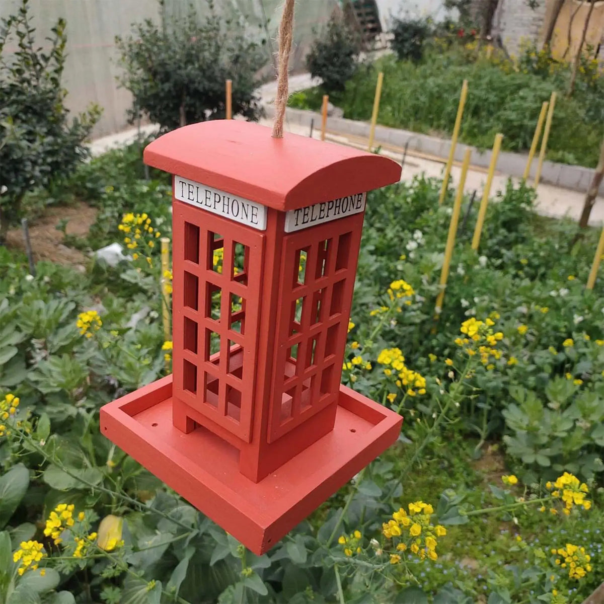 Red Telephone Box Wooden Bird Feeder | Hangable Garden Decor