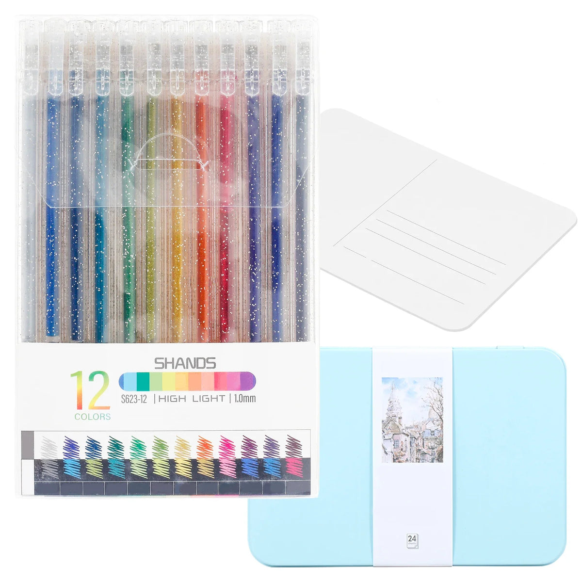 Metallic Gel Pens 12 Colors + 24 Watercolor Postcards Set