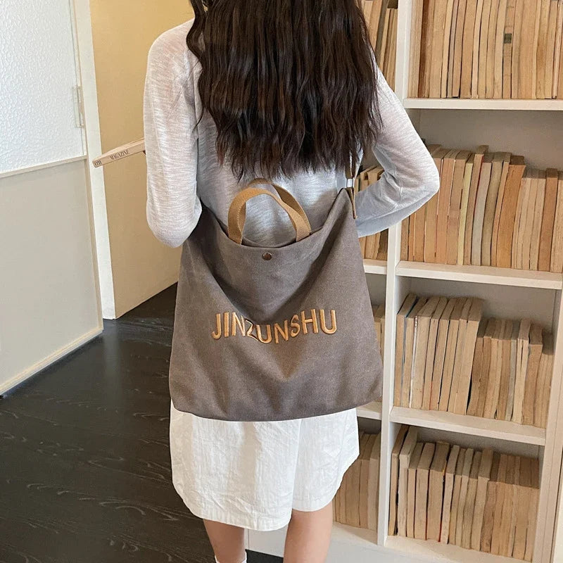 Women's Canvas Tote Bag Letter Embroidery Large Shoulder Bag