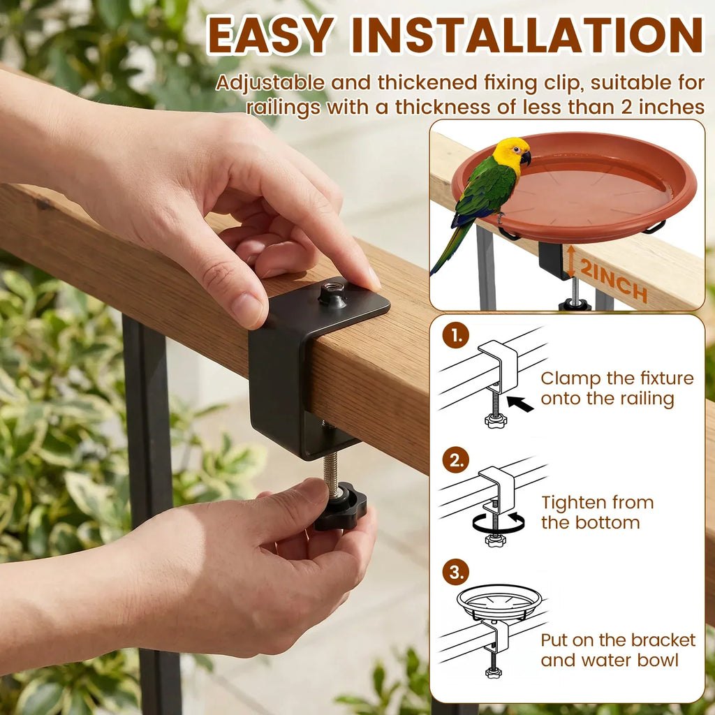 Clamp-On Railing Bird Bath – Deck Mount Plastic Birdbath Tray