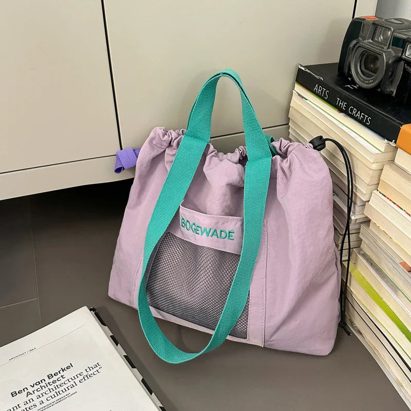 Foldable Drawstring Shoulder Bag – Lightweight Nylon Tote