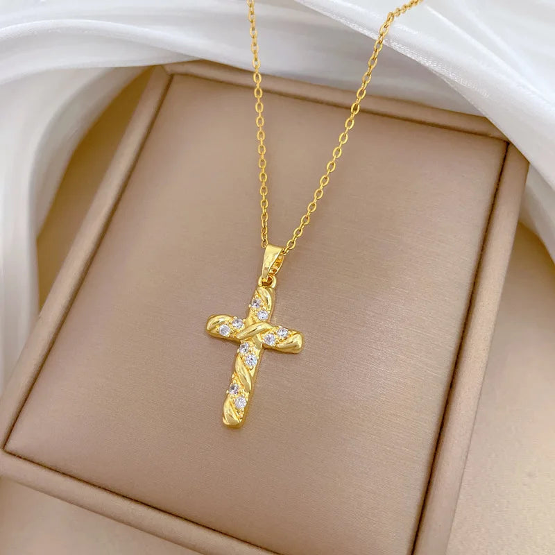 Women's Gold Cross Pendant Necklace – Stainless Steel Choker