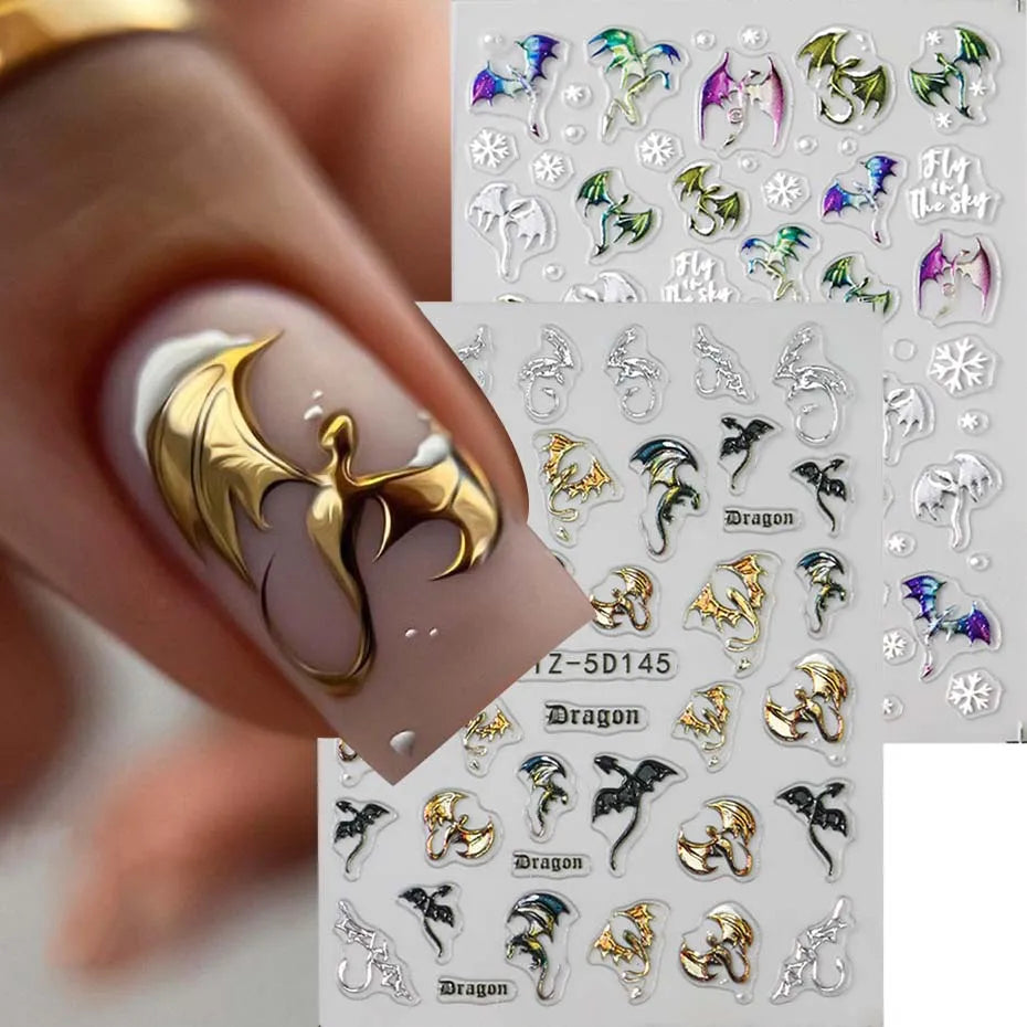 5D Embossed Dragon & Snowflake Nail Stickers – Metallic Decals