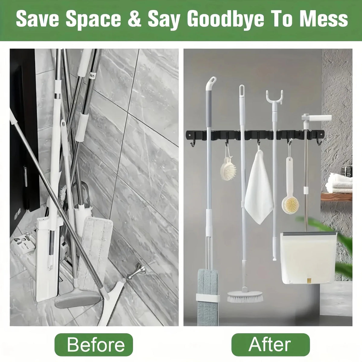 Wall Mounted Broom & Mop Rack – 4 Slots 5 Hooks Steel