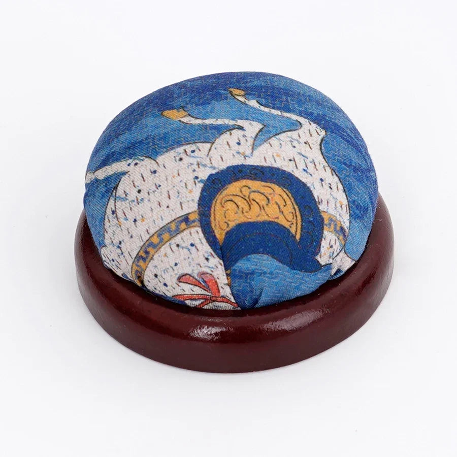 Retro Chinese Fabric Pin Cushion with Wooden Base | Sewing Tool