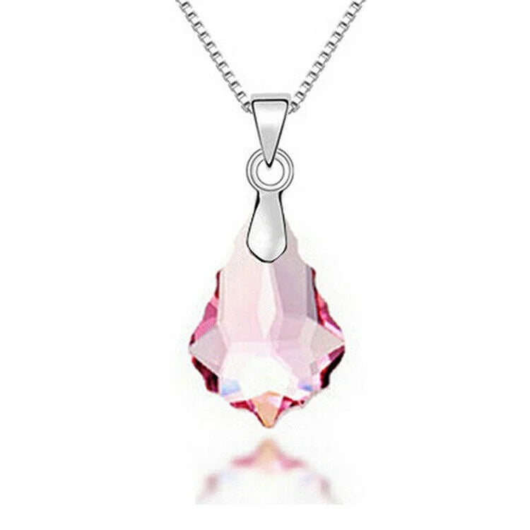 Women's Silver Pink Crystal Drop Necklace & Earrings Set