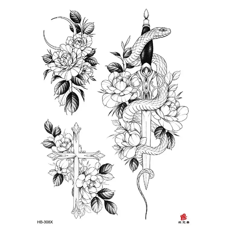Temporary Tattoo Stickers – Snake, Rose & Peony | 14 Sheets