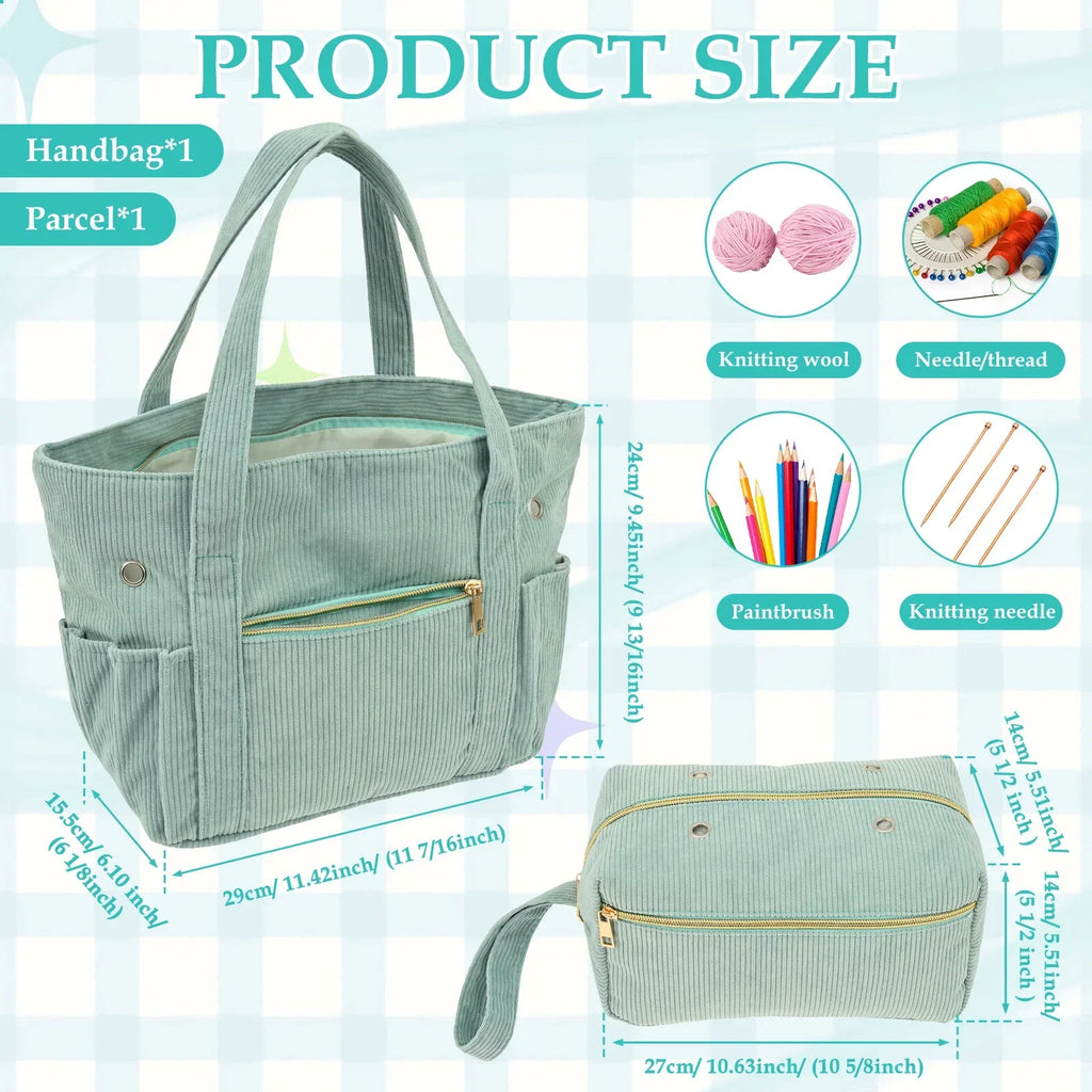Corduroy Crochet Bag Set – Large Yarn Tote with Needle Holder