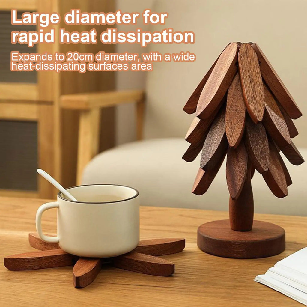 Wooden Christmas Tree Trivet & Coaster Set – 4pc Foldable