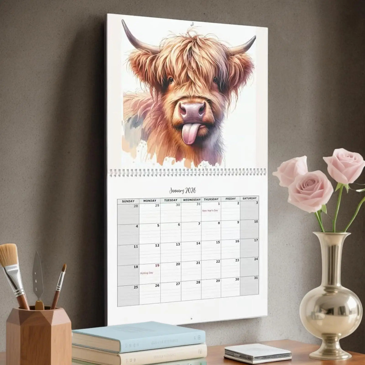 2026 Highland Cow Wall Calendar | Farmhouse Monthly Planner