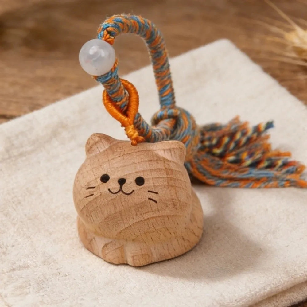 Hand Carved Wooden Cat Keychain with Tassel | Lucky Cat
