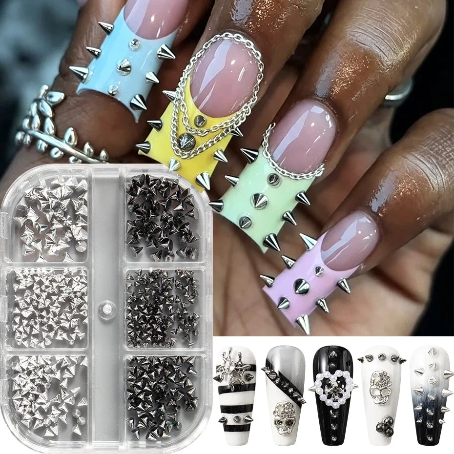 Punk Cone Spike Nail Charms – Gothic Metal Art Studs 6 Grid