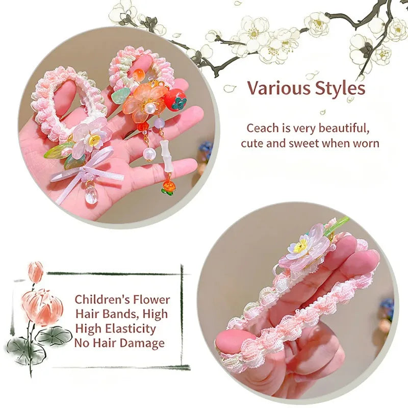 Girls Hanfu Floral Hair Tie with Pearls & Beads | Elastic Bun Rope