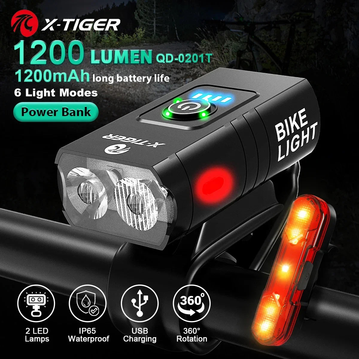 X-TIGER Bike Light Set USB Rechargeable – 1200 Lumen, 6 Modes