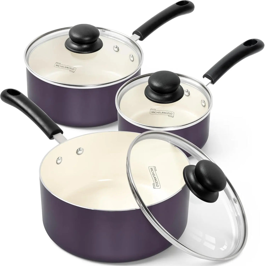 MICHELANGELO 3-Pc Nonstick Ceramic Saucepan Set 1QT 2QT 3QT
