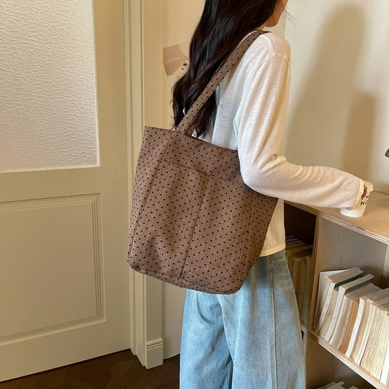 Korean Polka Dot Canvas Tote Bag – Chic Multi-Way Shoulder Bag