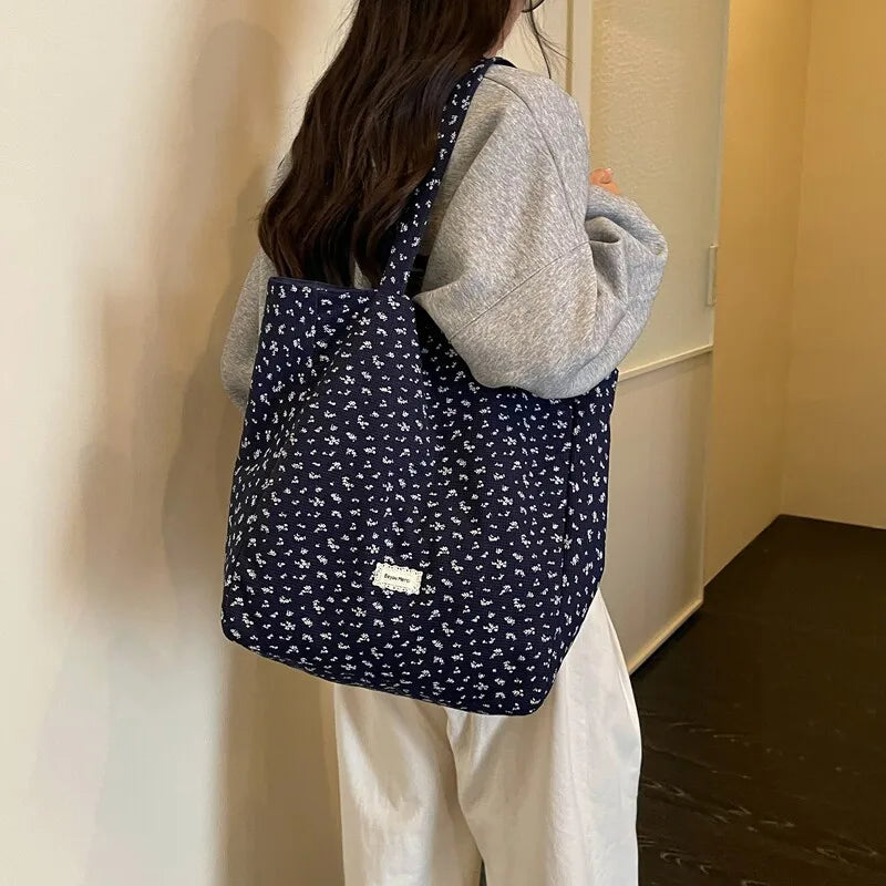 Korean Floral Canvas Tote Bag – Women's Spacious Shoulder Bag