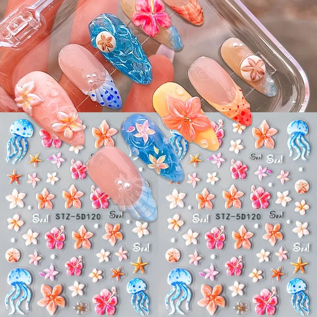 3D Ocean Beach Nail Stickers – Shells, Starfish & Floral Decals