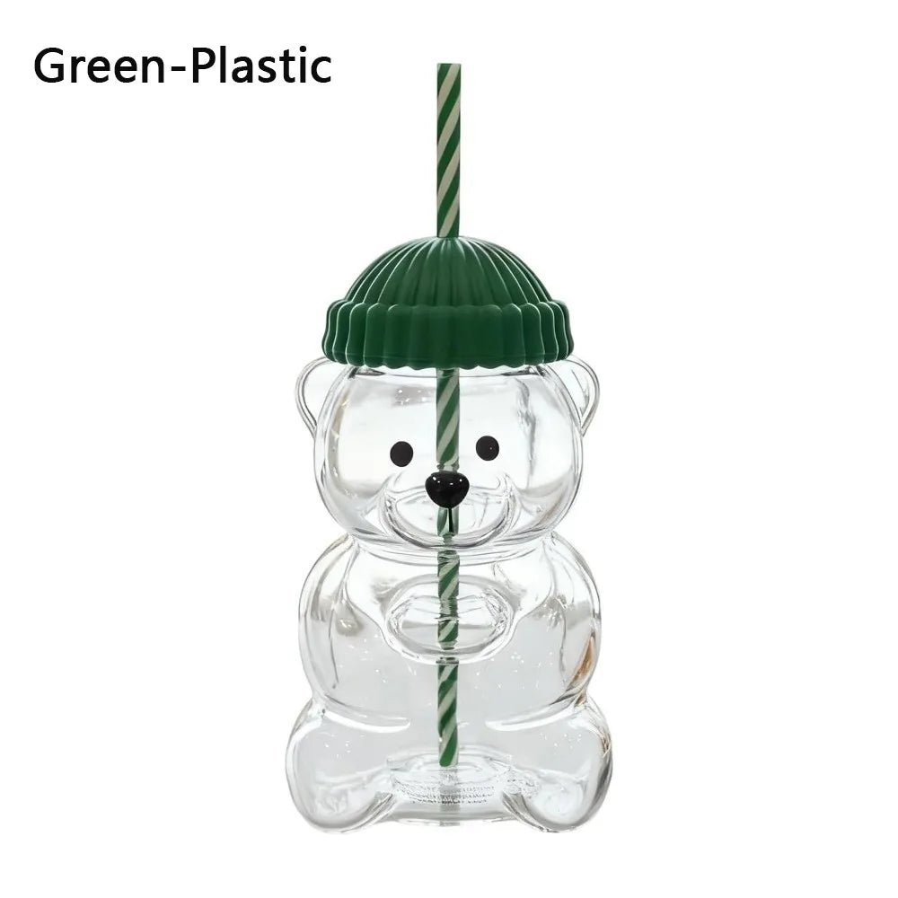 Teddy Bear Glass Cup with Lid & Straw – Large Capacity
