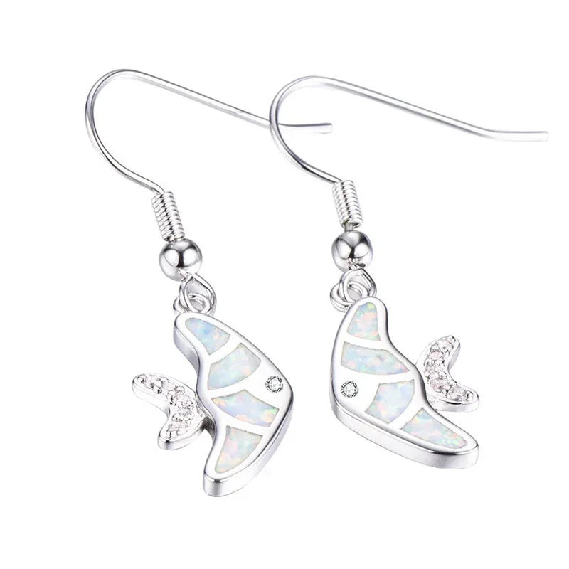 White Simulated Opal Silver Fish Dangle Hook Earrings