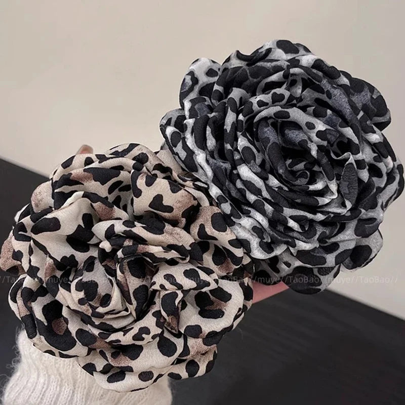 Leopard Print Fabric Rose Flower Hair Claw Clips for Women