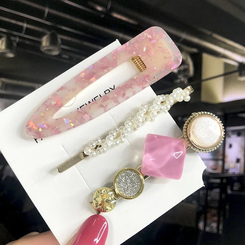 Pearl Crystal Hair Clips Set – Korean Geometric Barrettes