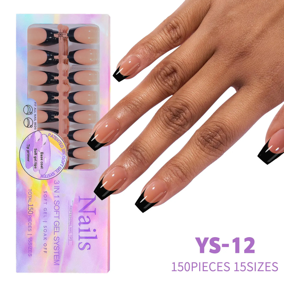 150pc French Press On Nails – Black Coffee Almond, 15 Sizes