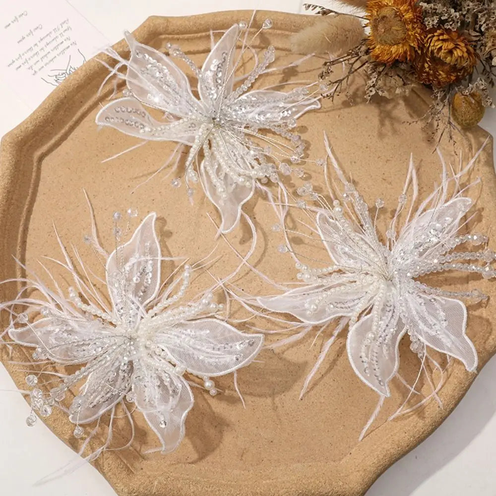 3D Organza Flower Patch – Pearl Crystal Feather DIY Embroidery