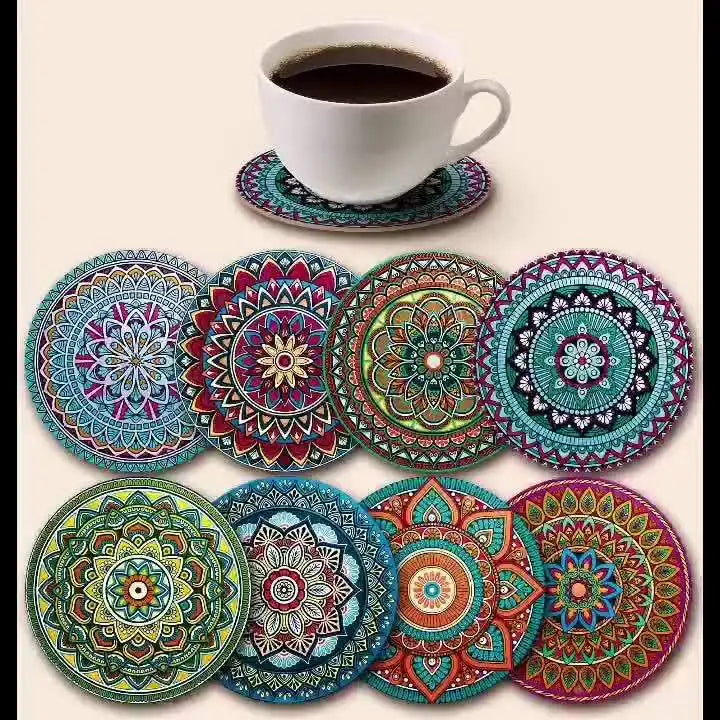 8-Piece Wooden Mandala Coasters Set – Home, Bar & Office Decor