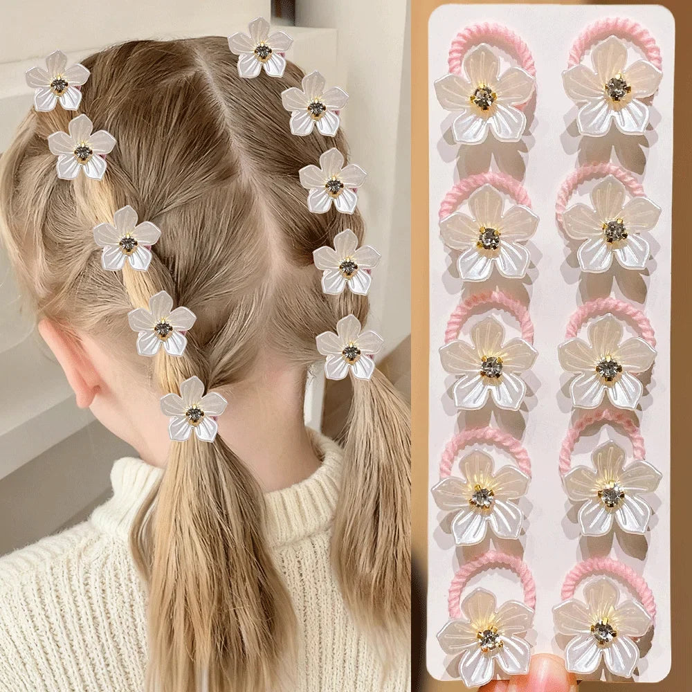 10pcs Girls Rhinestone Flower Elastic Hair Ties | Hair Bands