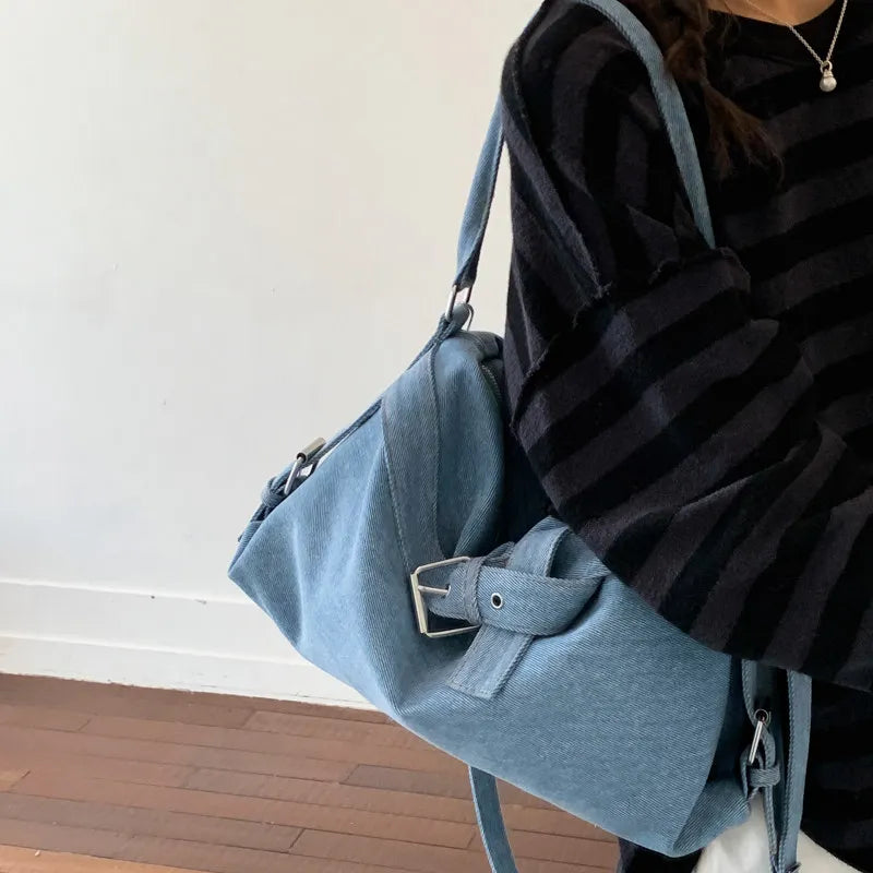 Korean-Style Large Denim Tote Bag – Shoulder & Crossbody