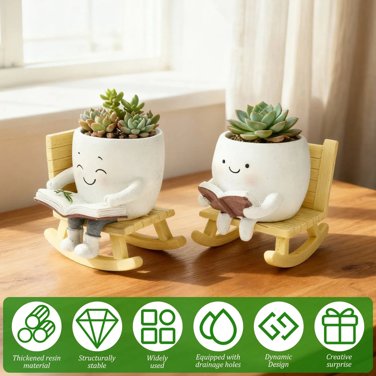 Rocking Chair Smile Face Planters – 2Pcs Resin Succulent Pots