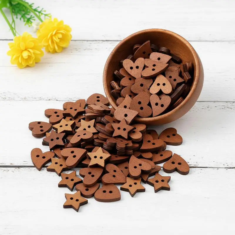 100pcs Wooden Sewing Buttons – Heart & Star DIY Craft Set