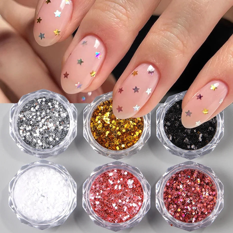 Y2K Star Nail Art Flakes Holographic Glitter Sequins – 6pc