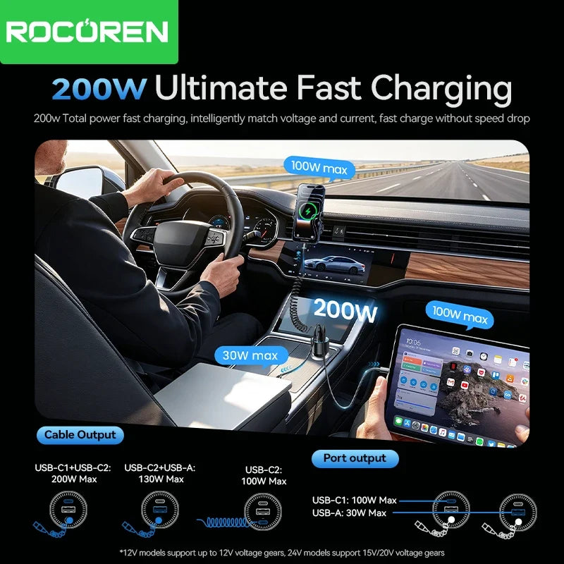 Rocoren 200W Car Charger PD 100W USB-C & Spring Cable