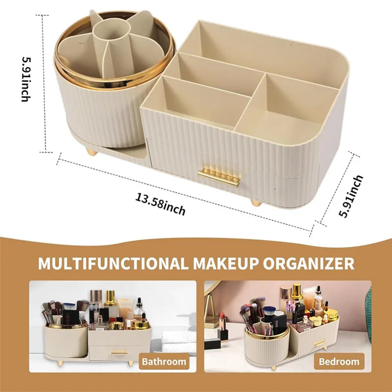 360 Rotating Makeup Brush Organizer with Drawer | Cream White