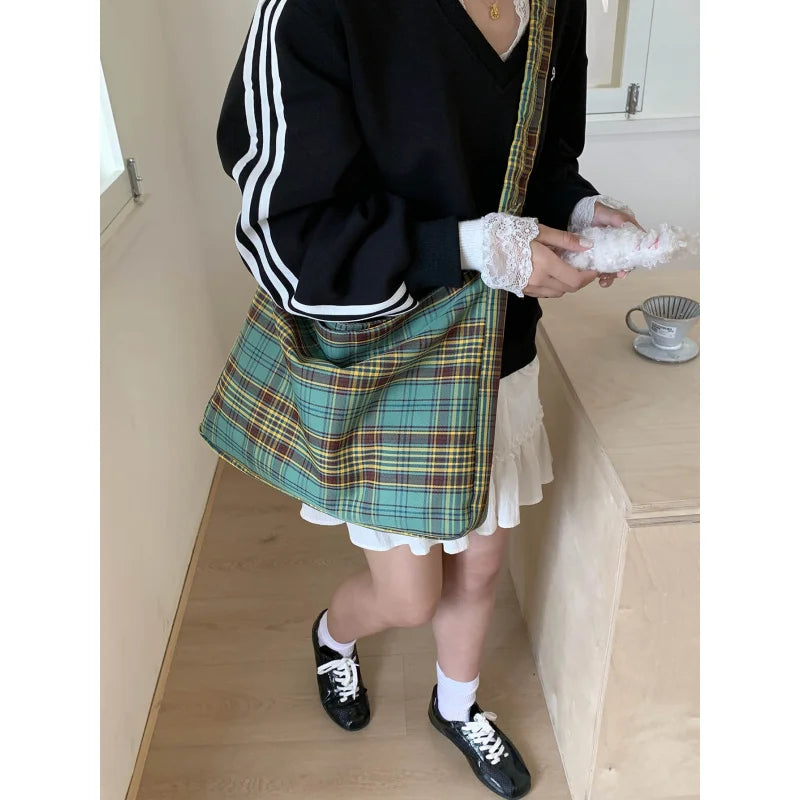 Plaid Canvas Crossbody Bag – Korean Style Commuter Tote