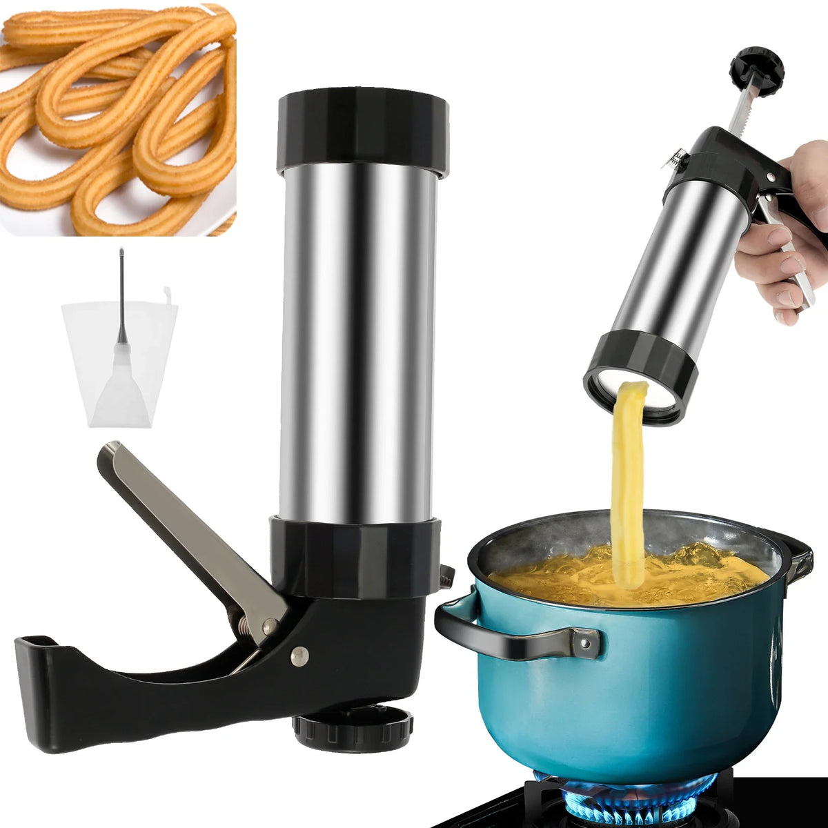 Stainless Steel Churro Maker Machine with 3 Nozzles & Piping Bag