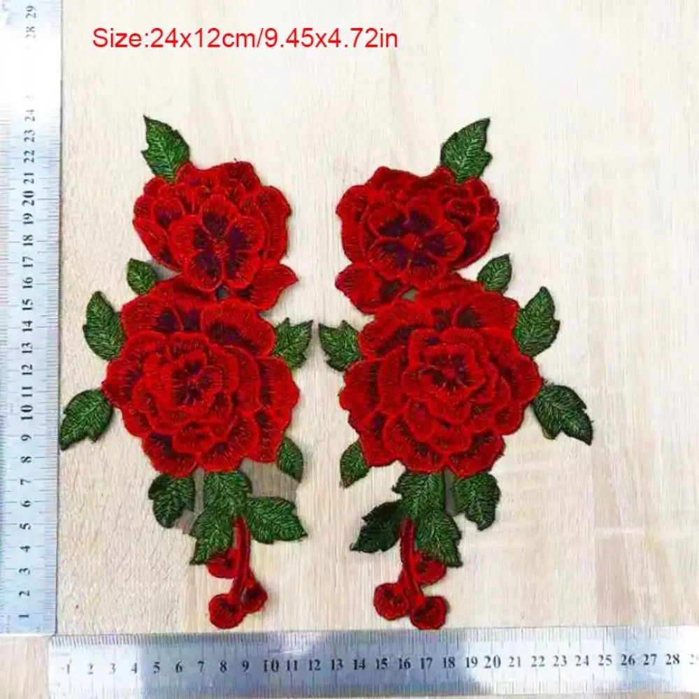 3D Flower Embroidery Sew-On Applique Patch Red 24x12cm