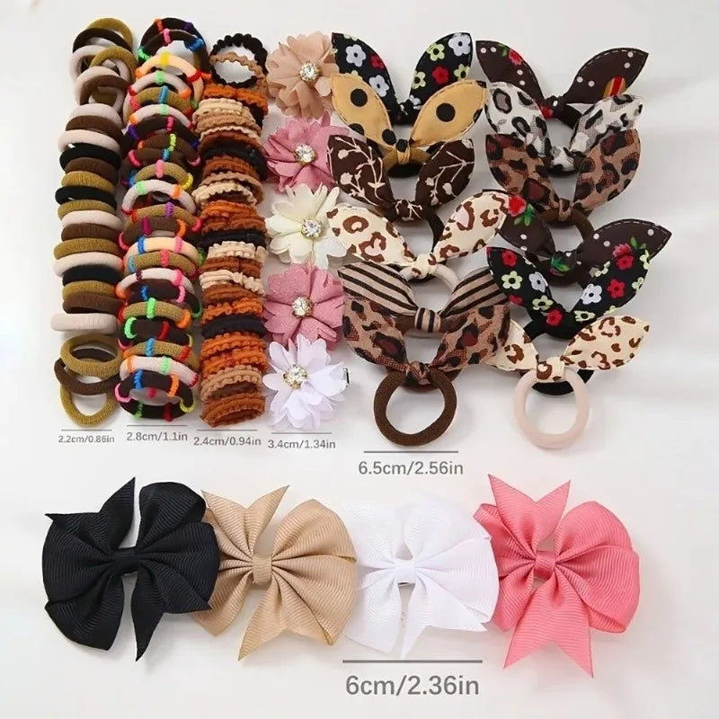 Girls Elastic Floral Bow Hair Bands & Bunny Ear Hair Ties Set