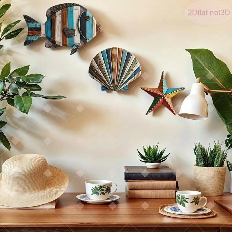 3-Piece Ocean Wooden Wall Art – Fish Shells Starfish Décor Set
