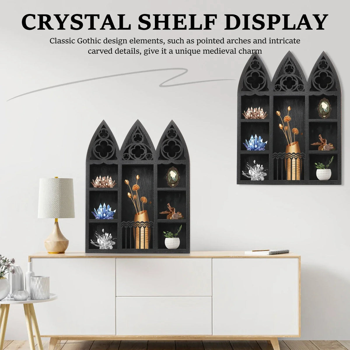 Wood Crystal Display Shelf – Gothic Bohemian Floating Wall Shelf