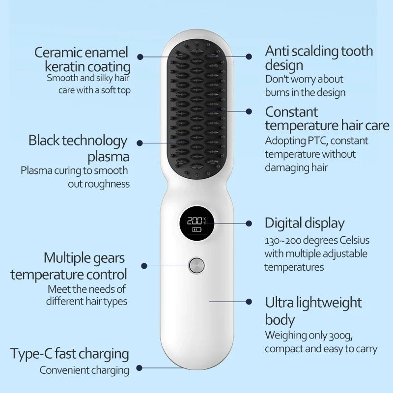 Wireless USB Rechargeable Hair Straightener Brush – Women & Men