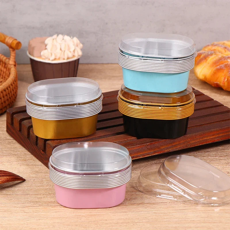 10Pcs Aluminum Foil Baking Cups with Lids – 68ml Oval Dessert Molds