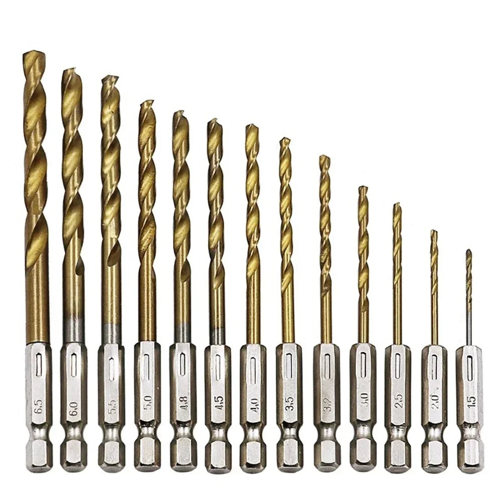 HSS Titanium Coated Drill Bits 1/4" Hex Shank 1.5–6.5mm