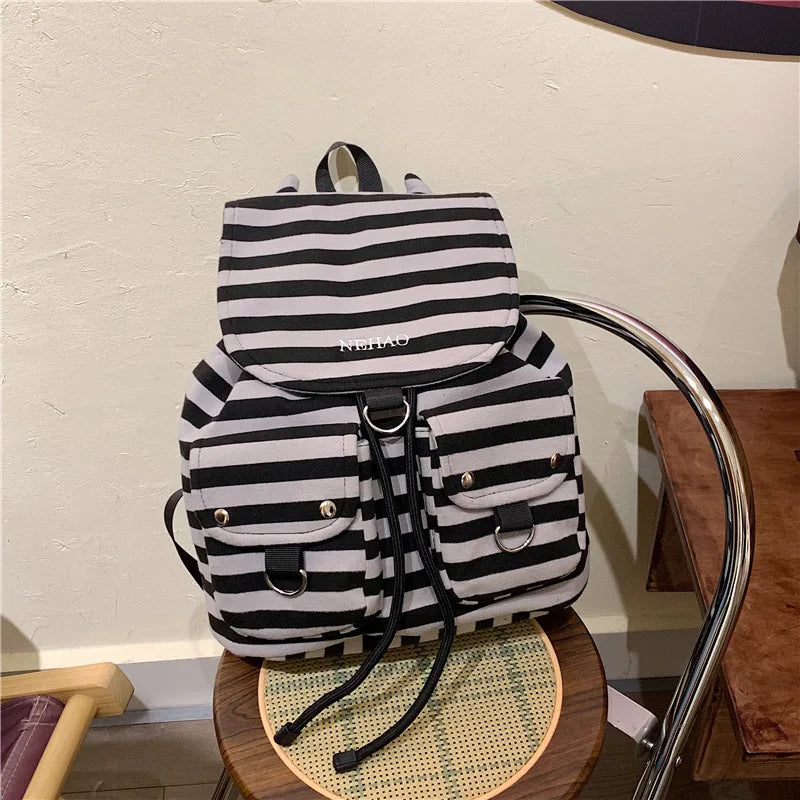 Korean Striped Canvas Drawstring Backpack – Casual School Travel Bag