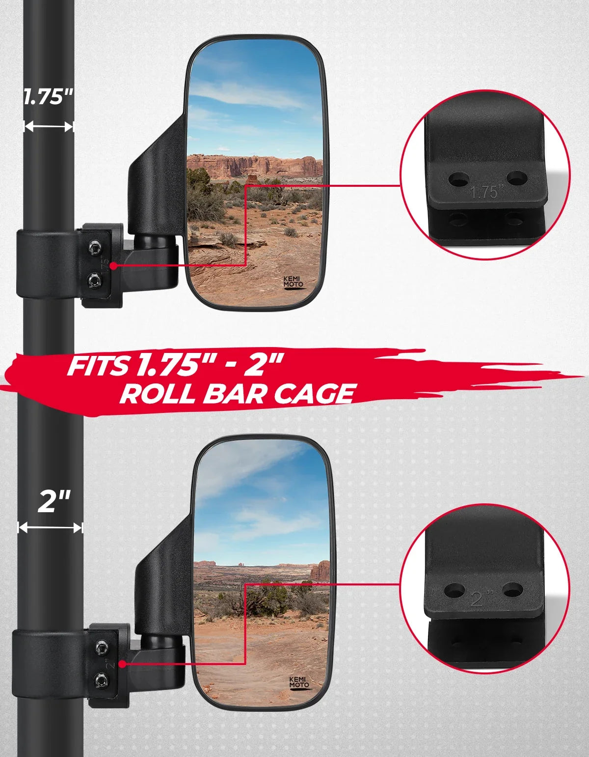 UTV Side Mirrors Clamp-On 1.75"–2" Roll Cage | Polaris RZR Can-Am