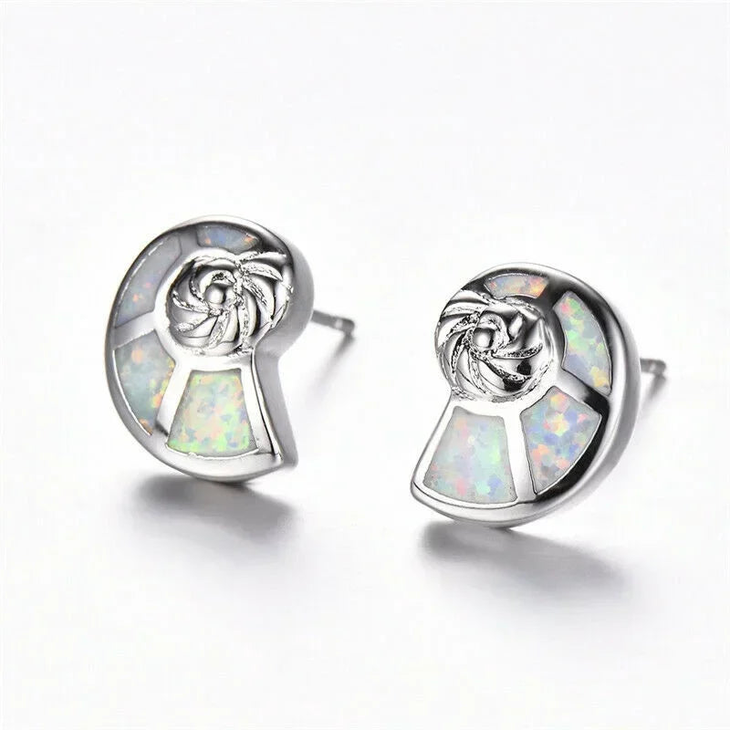 White Snail Simulated Opal Glass Vintage Stud Earrings