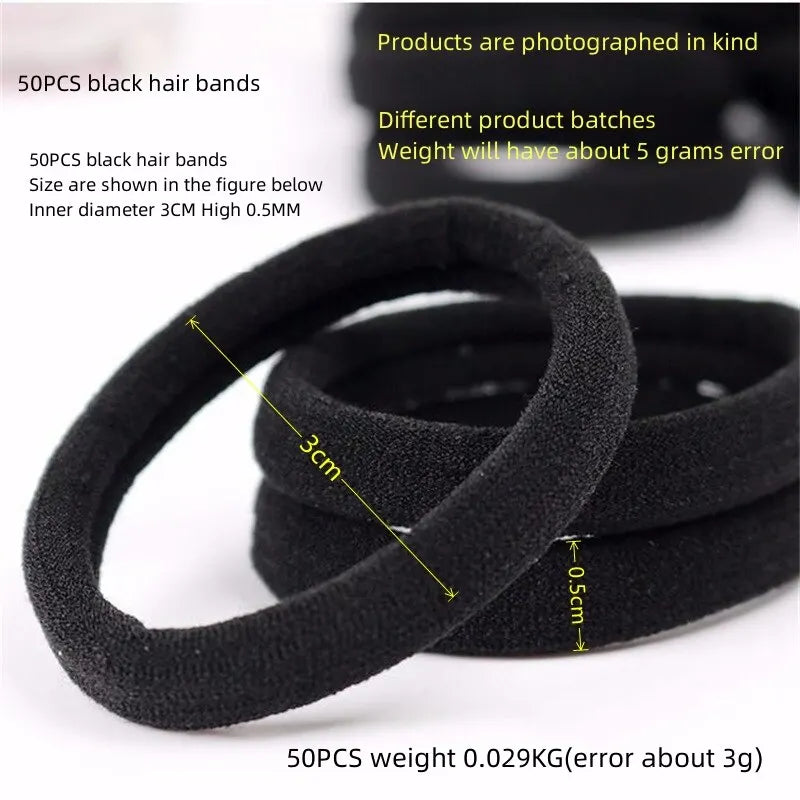 Black Seamless Elastic Hair Ties 50pcs – High Elasticity Bands