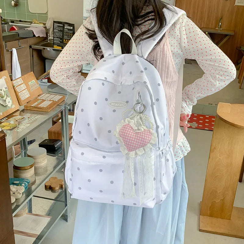 Korean Polka Dot Backpack – Cute Bow Lace Large School Bag